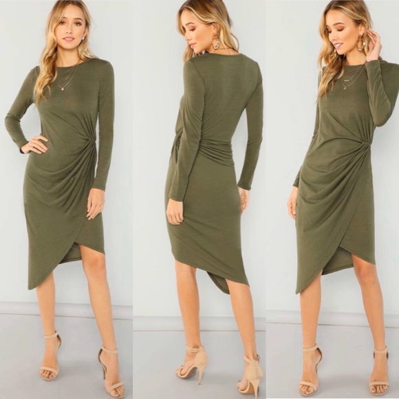SHEIN Dresses & Skirts - SHEIN Olive Twist Side Wrap Asymmetrical Dress L